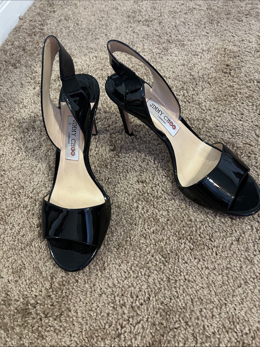 Jimmy Choo Black Patent Open-Toe Slingback Heels